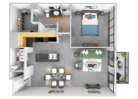 Floor plan for 1 bed, 1 bath, 843 sqft